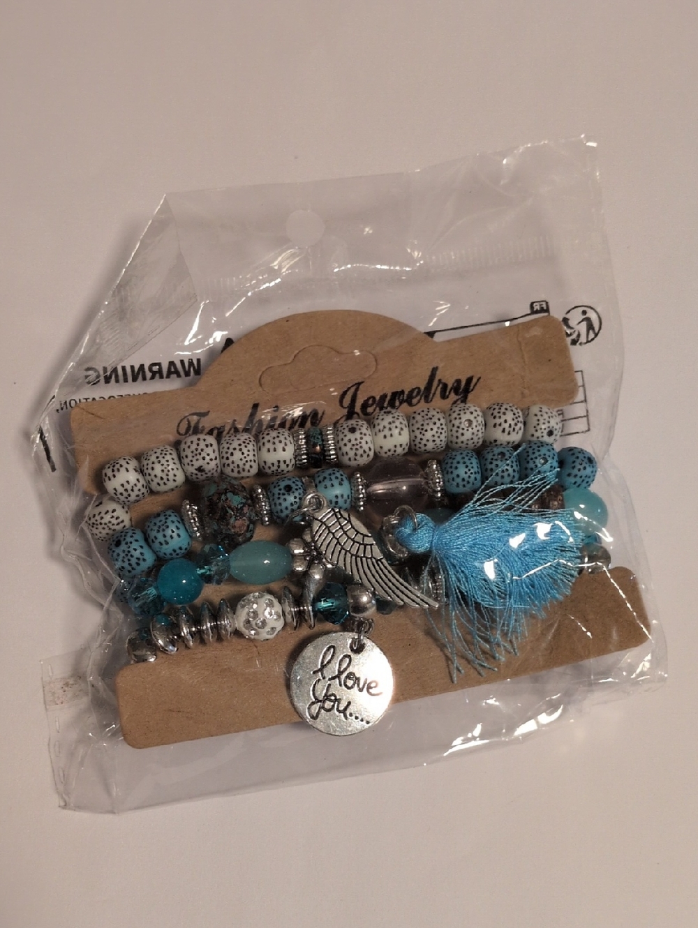 Blue Beaded Tassel Bracelet Stack with 'Love You' Charm